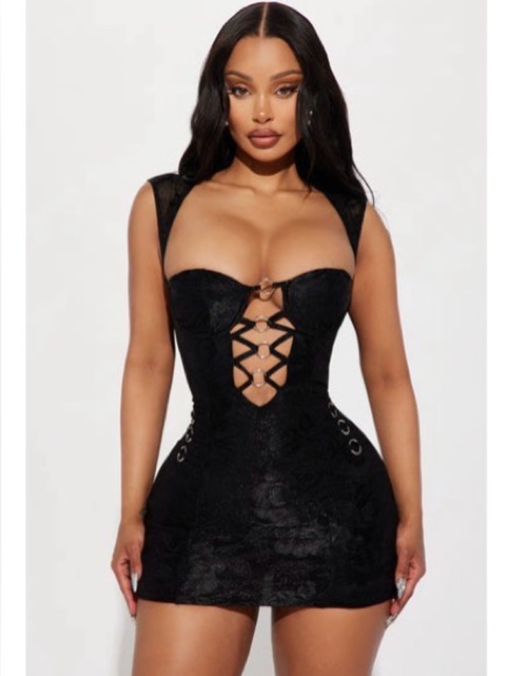 Fashion Nova Black Mini Dress with Lace-Up Rings